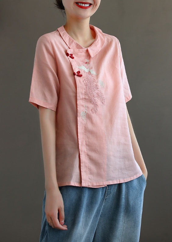 Women Pink Peter Pan Collar Embroidered Linen Blouse Tops Spring