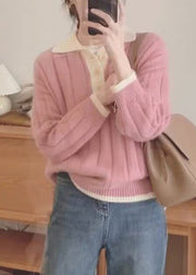 Women Pink Peter Pan Collar Patchwork Cozy Knit Sweaters Fall