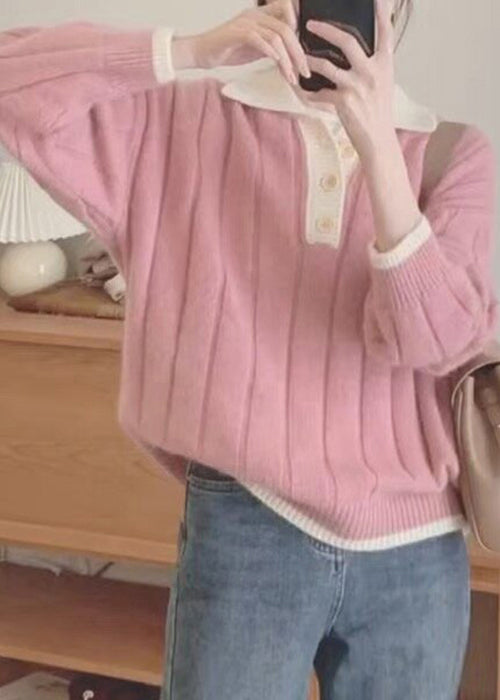 Women Pink Peter Pan Collar Patchwork Cozy Knit Sweaters Fall