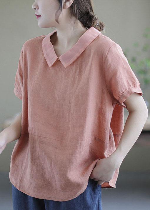 Women Pink Peter Pan Collar Patchwork Summer Ramie Shirts Short Sleeve - SooLinen