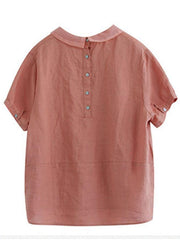 Women Pink Peter Pan Collar Patchwork Summer Ramie Shirts Short Sleeve - SooLinen