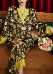 Women Pink Peter Pan Collar Print Button Ice Silk Pajamas Two Pieces Set Spring