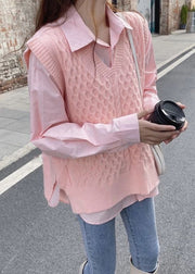 Women Pink Peter Pan Collar Shirts And Vest Knit Two Pieces Set Fall