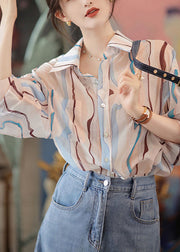 Women Pink Peter Pan Collar Striped Cotton Shirt And Denim Skirt Two Pieces Set Fall