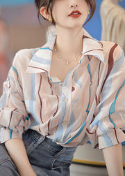 Women Pink Peter Pan Collar Striped Cotton Shirt And Denim Skirt Two Pieces Set Fall