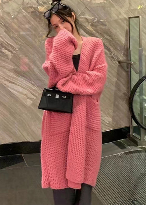 Women Pink Pockets Hollow Out Knit Cardigans Long Sleeve