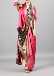 Frauen Rosa Taschen Drucken Patchwork Herbst Halbarm Kleid