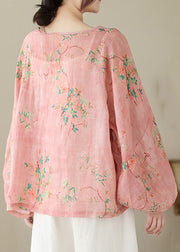 Women Pink Print Button Patchwork Cotton Tops Long Sleeve