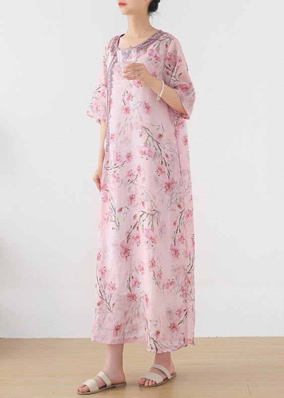 Women Pink Print Embroidery Oriental Summer Linen Dress - SooLinen