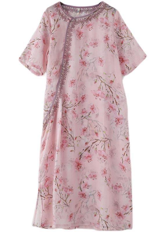 Women Pink Print Embroidery Oriental Summer Linen Dress - SooLinen