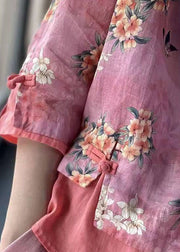 Women Pink Print Patchwork Blouses Half Sleeve
