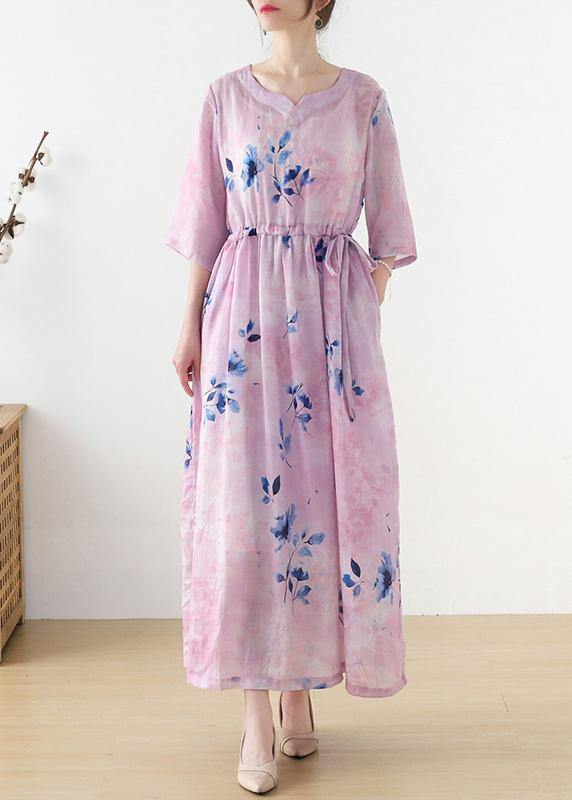 Women Pink Print Tie Waist Maxi Dresses Summer Ramie - SooLinen