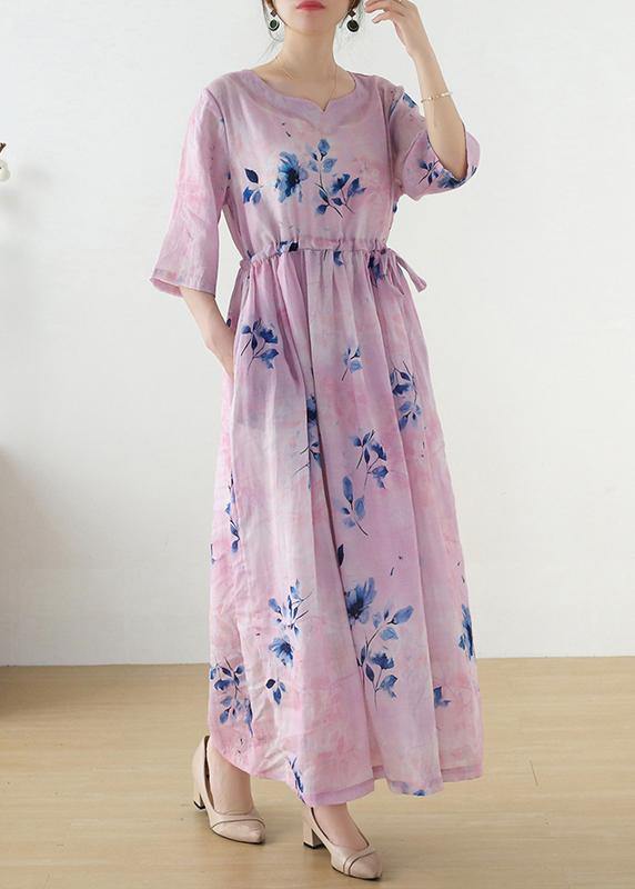 Women Pink Print Tie Waist Maxi Dresses Summer Ramie - SooLinen