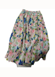 Women Pink Print Wrinkled Patchwork Linen Skirts Summer