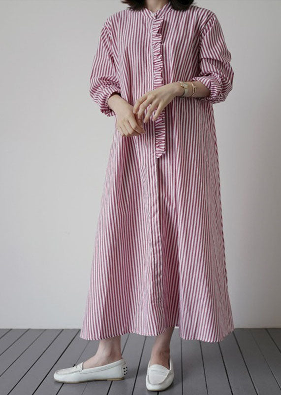 Women Pink Red Striped Ruffled Patchwork Cotton Shirt Dresses Spring