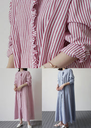 Women Pink Red Striped Ruffled Patchwork Cotton Shirt Dresses Spring