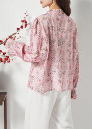 Women Pink Ruffled Patchwork Butterfly Chiffon Shirt Spring