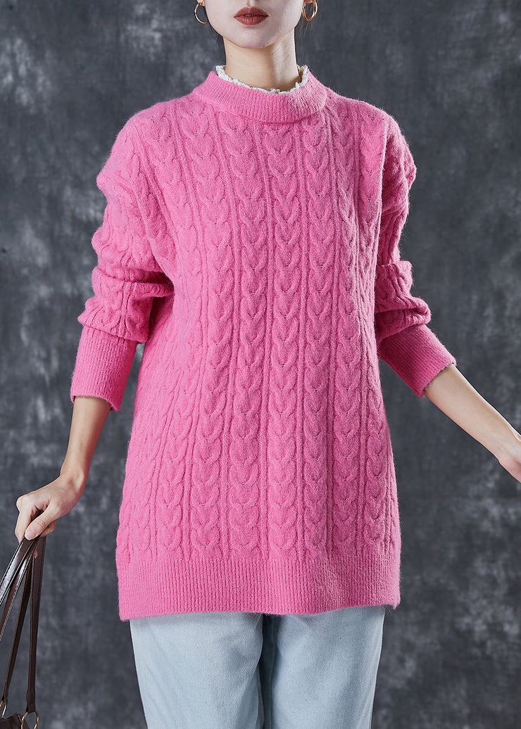 Women Pink Ruffled Patchwork Thick Knit Pullover Winter