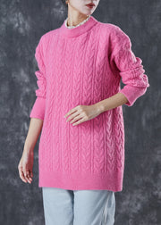 Women Pink Ruffled Patchwork Thick Knit Pullover Winter