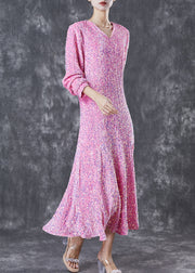 Women Pink Sequins Wrinkled Silk Velour Dress Vestidos Spring