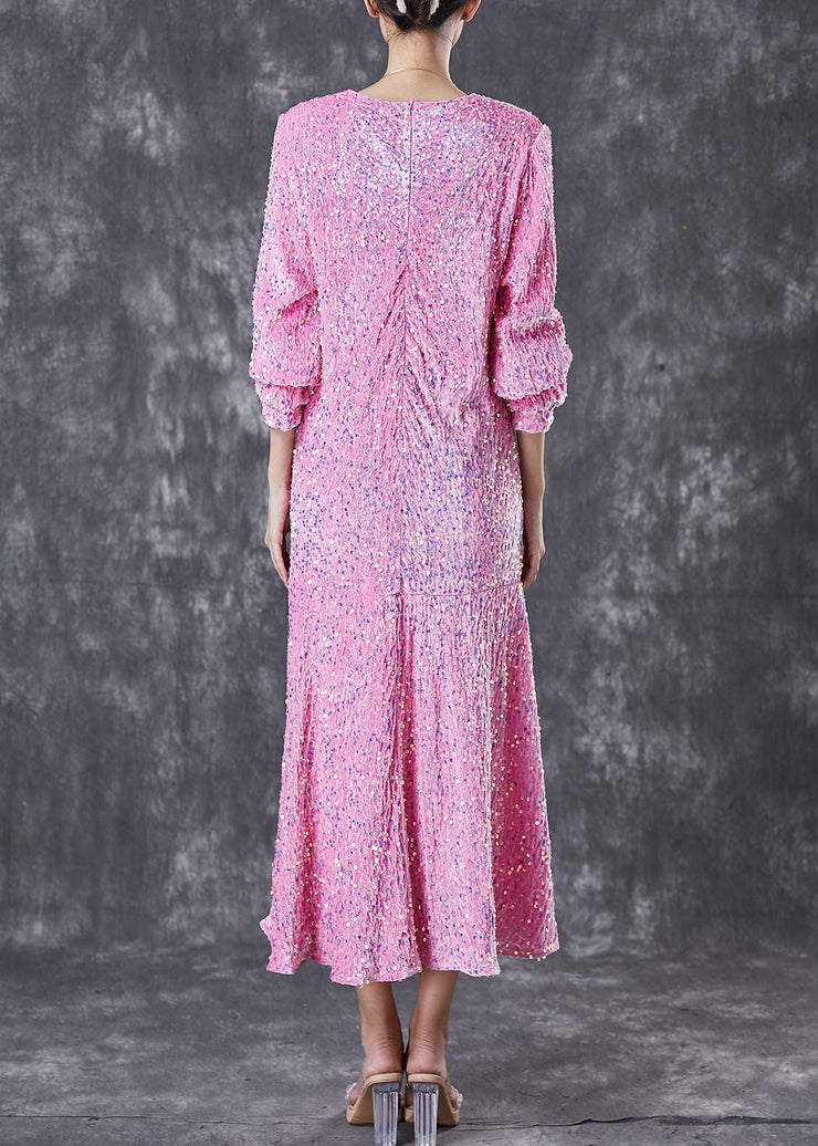 Women Pink Sequins Wrinkled Silk Velour Dress Vestidos Spring