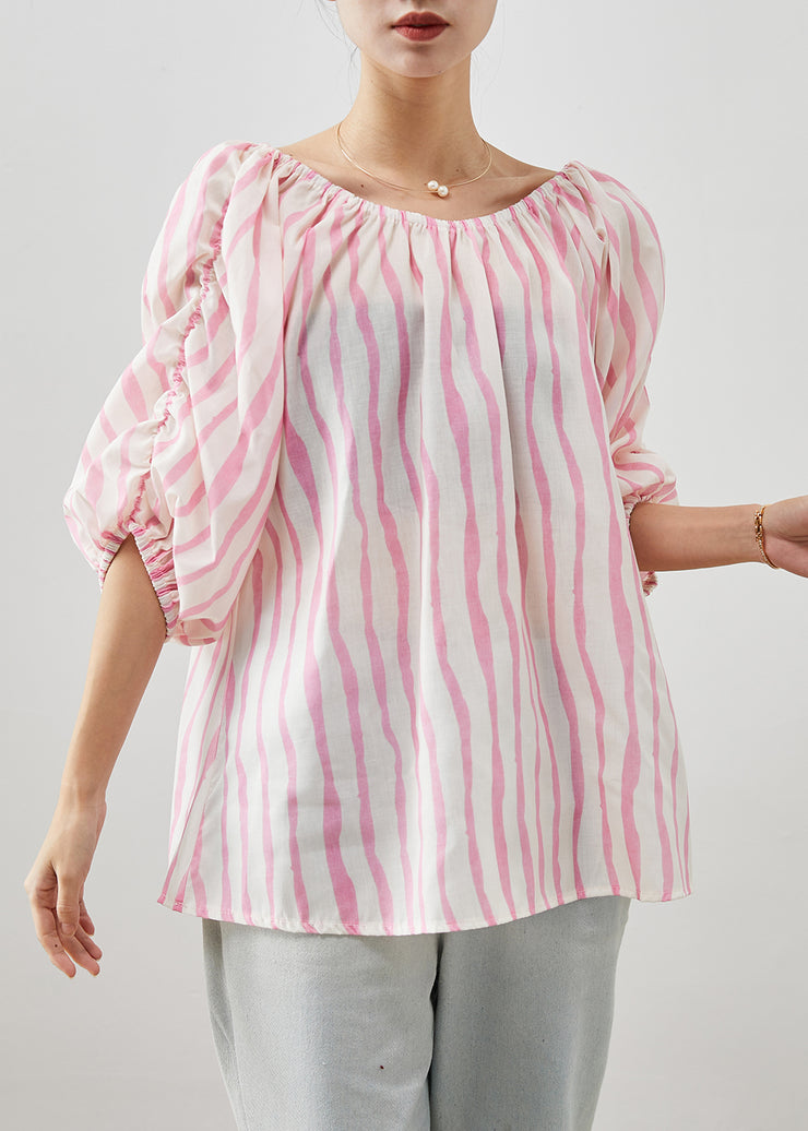 Women Pink Slash Neck Striped Cotton Shirt Puff Sleeve