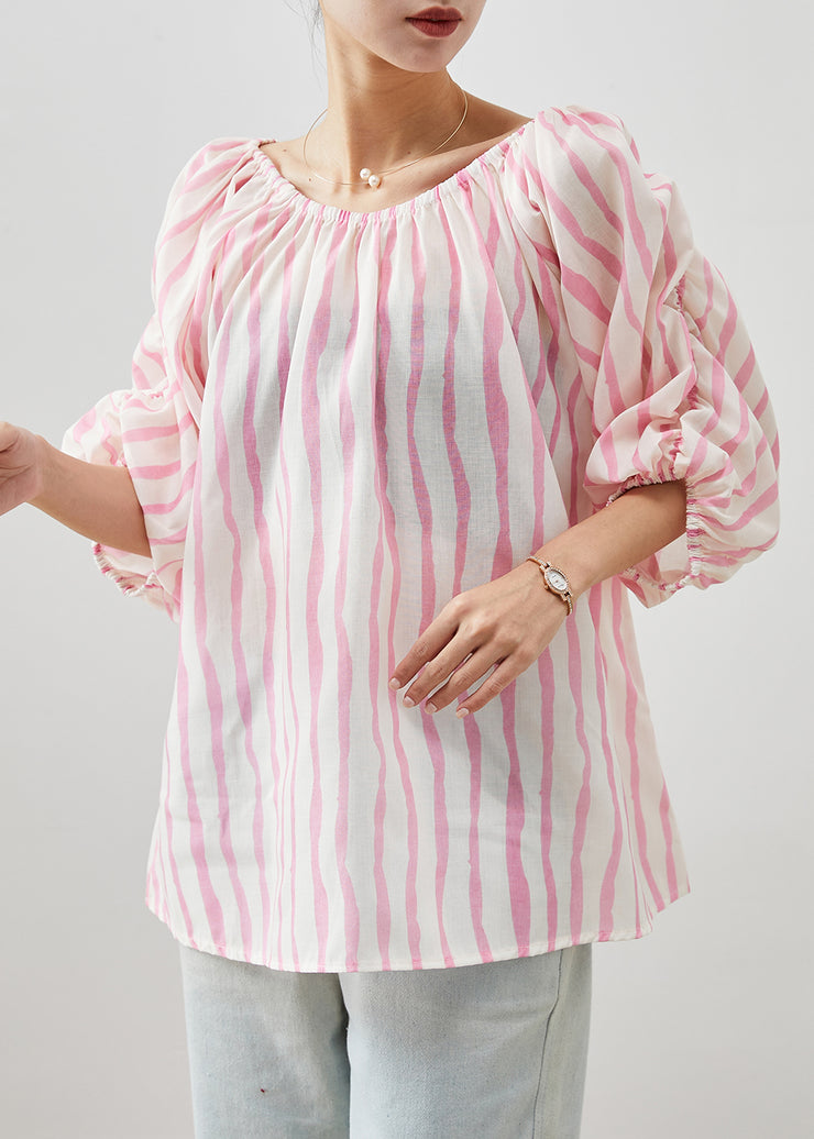Women Pink Slash Neck Striped Cotton Shirt Puff Sleeve
