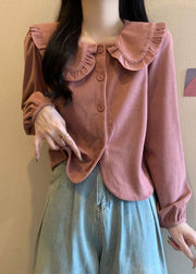 Women Pink Solid Button Corduroy Shirt Long Sleeve