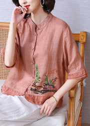 Women Pink Stand Collar Embroidered Floral Button Linen Shirt Half Sleeve