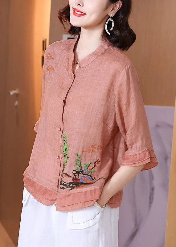 Damen Rosa Stehkragen Besticktes Blumenknopf-Leinenhemd mit halben Ärmeln
