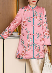Women Pink Stand Collar Embroidered Floral Side Open Button Silk Long Coats Fall