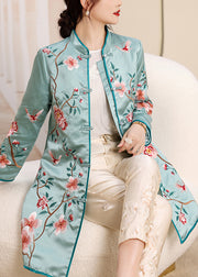 Women Pink Stand Collar Embroidered Floral Side Open Button Silk Long Coats Fall