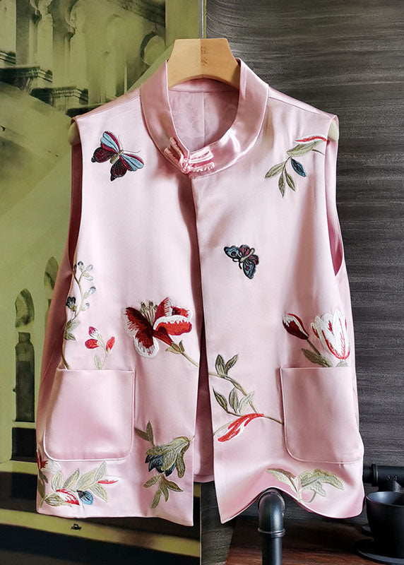 Women Pink Stand Collar Embroidered Patchwork Silk Vest Sleeveless