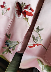 Women Pink Stand Collar Embroidered Patchwork Silk Vest Sleeveless