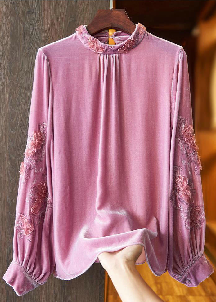 Women Pink Stand Collar Embroidered Velour Top Long Sleeve