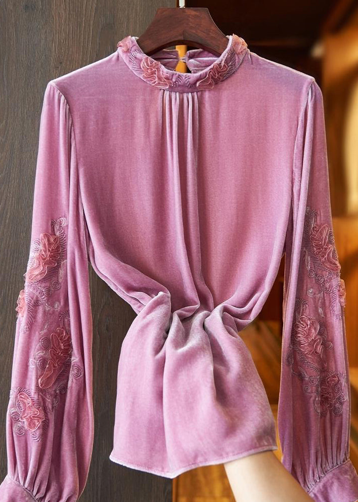 Women Pink Stand Collar Embroidered Velour Top Long Sleeve