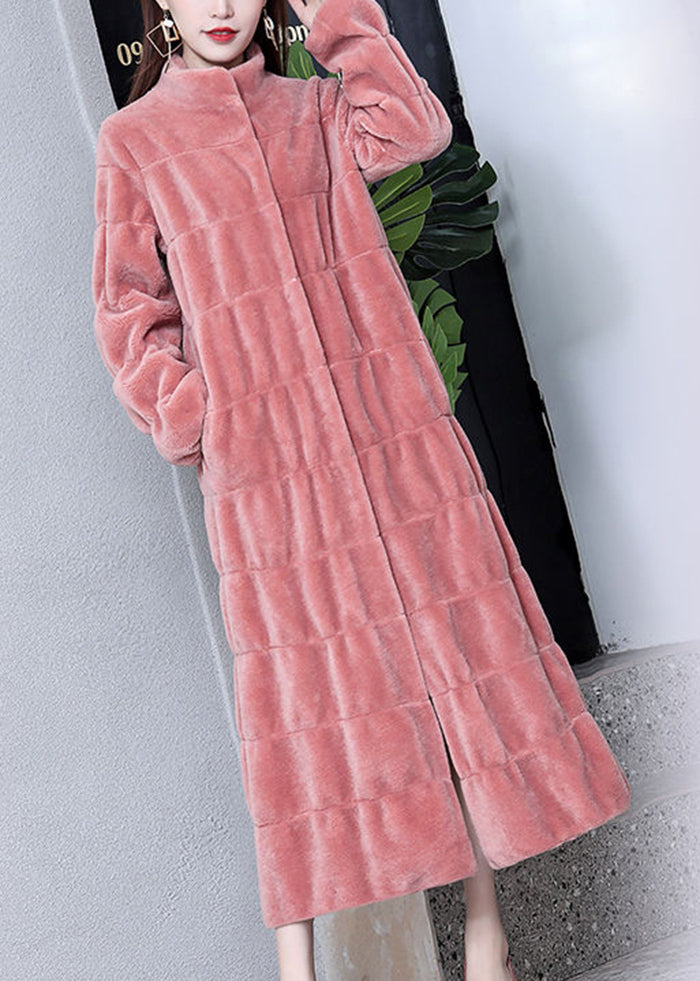 Women Pink Stand Collar Layered Wool Long Coat Winter