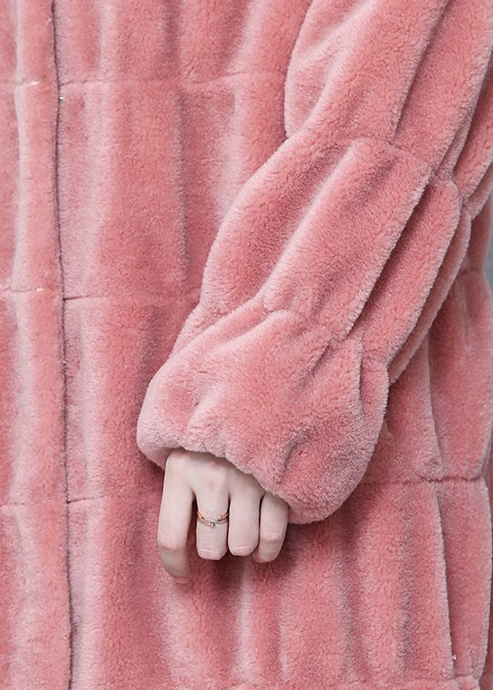 Women Pink Stand Collar Layered Wool Long Coat Winter
