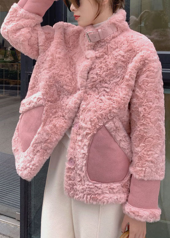 Frauen Rosa Stehkragen Taschen Kunstpelz Wintermäntel