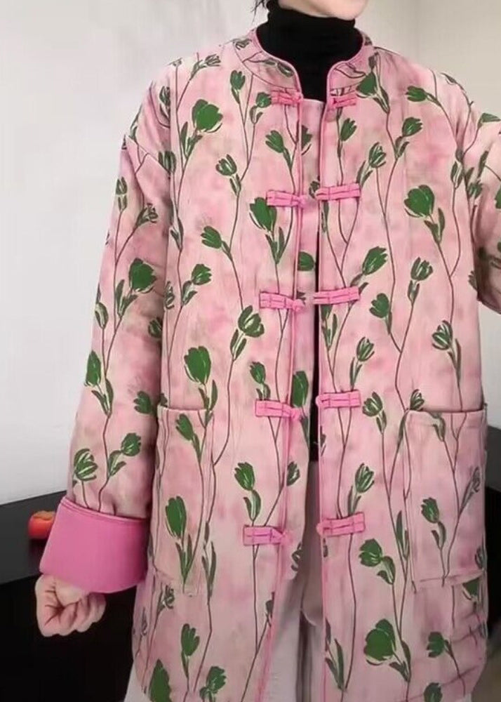 Women Pink Stand Collar Pockets Print Fine Cotton Filled Coat Winter