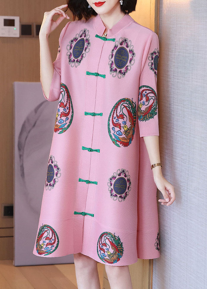 Women Pink Stand Collar Print Chiffon A Line Dress Half Sleeve