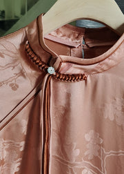 Women Pink Stand Collar Tasseled Patchwork Jacquard Silk Mid Dress Summer