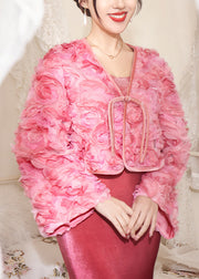 Women Pink Tasseled Floral Patchwork Tulle Coats Fall