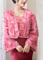 Women Pink Tasseled Floral Patchwork Tulle Coats Fall