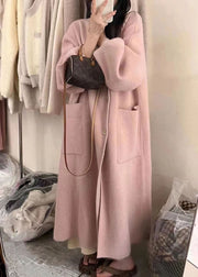 Women Pink Turtleneck Button Pockets Cotton Knit Long Coats Long Sleeve
