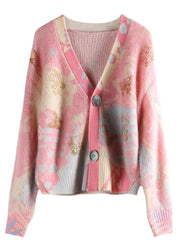 Women Pink V Neck Button Patchwork Cotton Knit Coats Long Sleeve