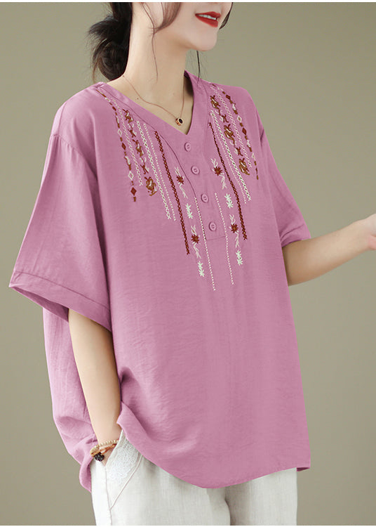 Women Pink V Neck Embroidered Cotton Tops Summer