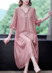 Women Pink V Neck Embroidered Cotton Vacation Dresses Summer