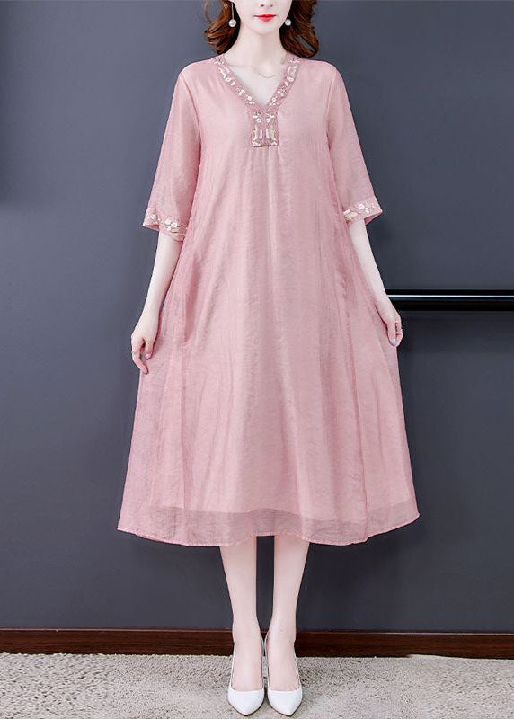 Women Pink V Neck Embroidered Cotton Vacation Dresses Summer