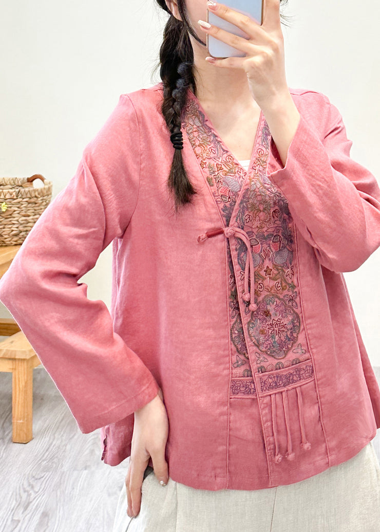Women Pink V Neck Embroidered Floral Patchwork Linen Shirts Fall